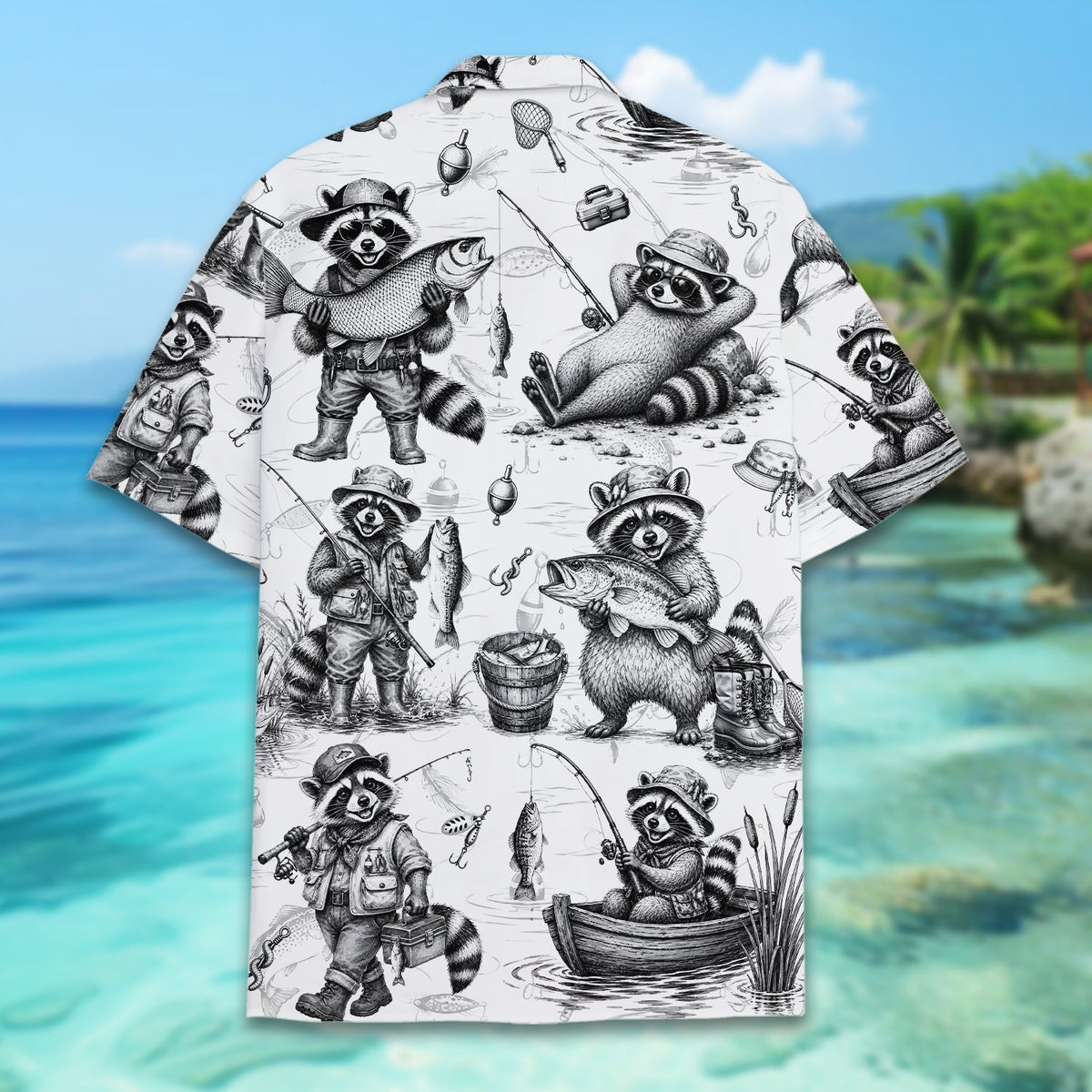 Back view of the white raccoon fishing hawaiian shirt