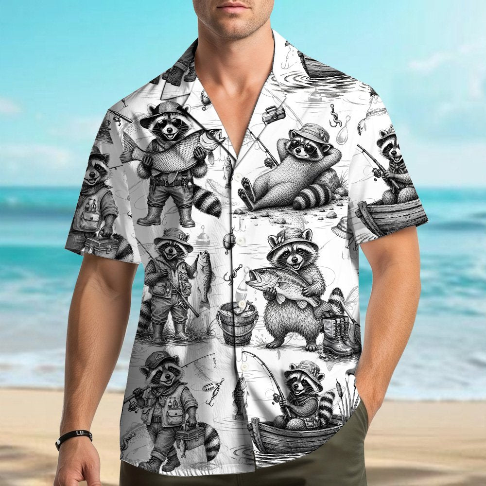 Secondary front view of the white raccoon fishing hawaiian shirt