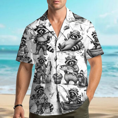 Secondary front view of the white raccoon fishing hawaiian shirt