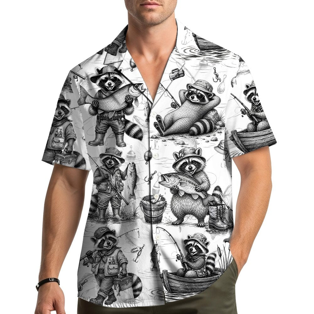 Third front view of the white raccoon fishing hawaiian shirt