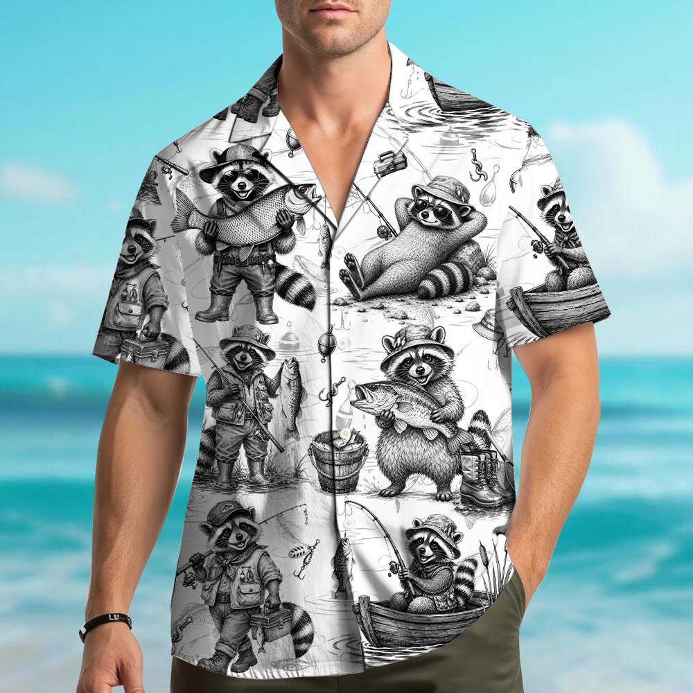 Front view of the white raccoon fishing hawaiian shirt featuring black illustrations