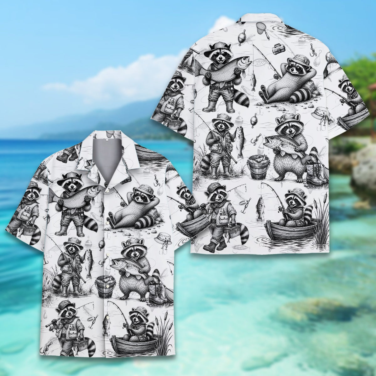 Third lifestyle image showing the matching family hawaiian shirts outdoors