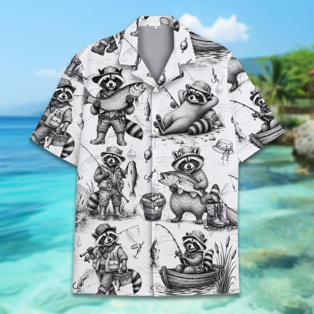 Close-up view of the raccoon fishing pattern on the hawaiian shirt