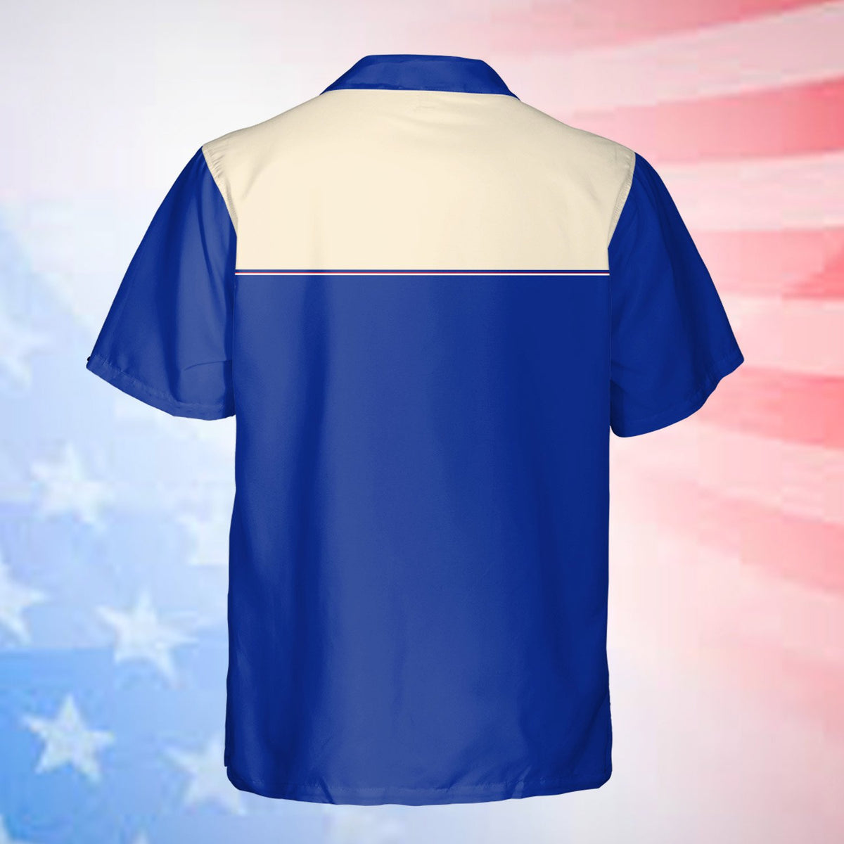 Detailed back view of the retro fourth of july raccoon hawaiian shirt on a model