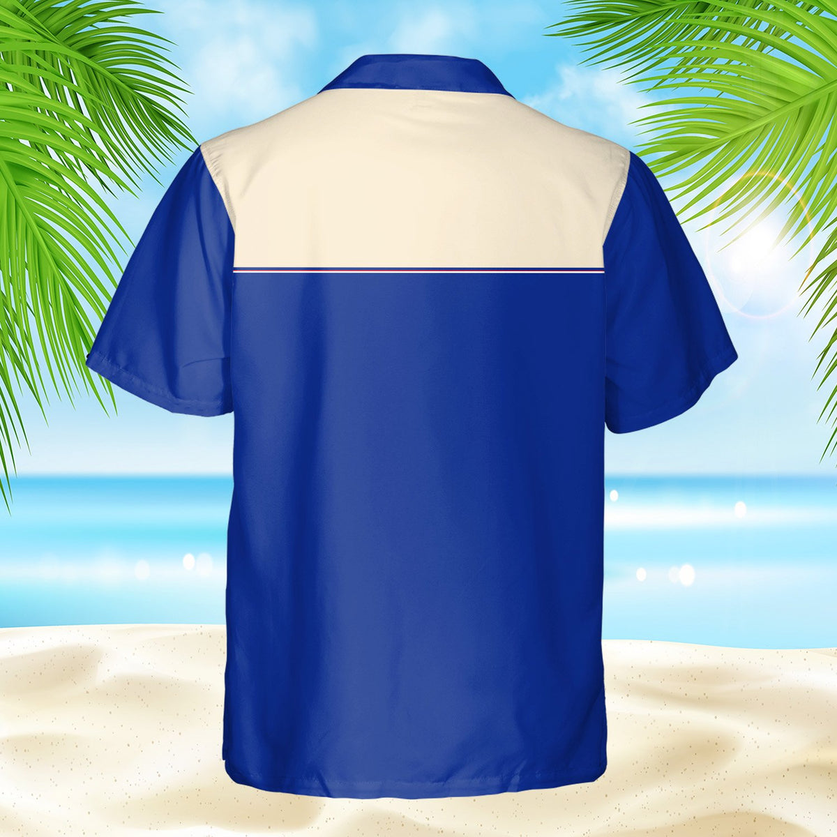 Angled back view of the retro fourth of july raccoon hawaiian shirt on a model