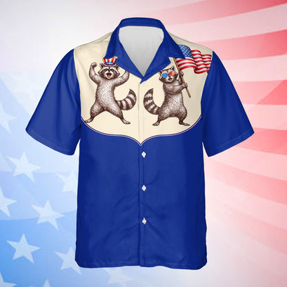 Retro raccoon hawaiian shirt featuring a two-tone navy and cream design with patriotic raccoons, flat front view detailed