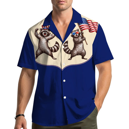 Lifestyle shot of a person wearing the matching family hawaiian shirts with the raccoon design outdoors