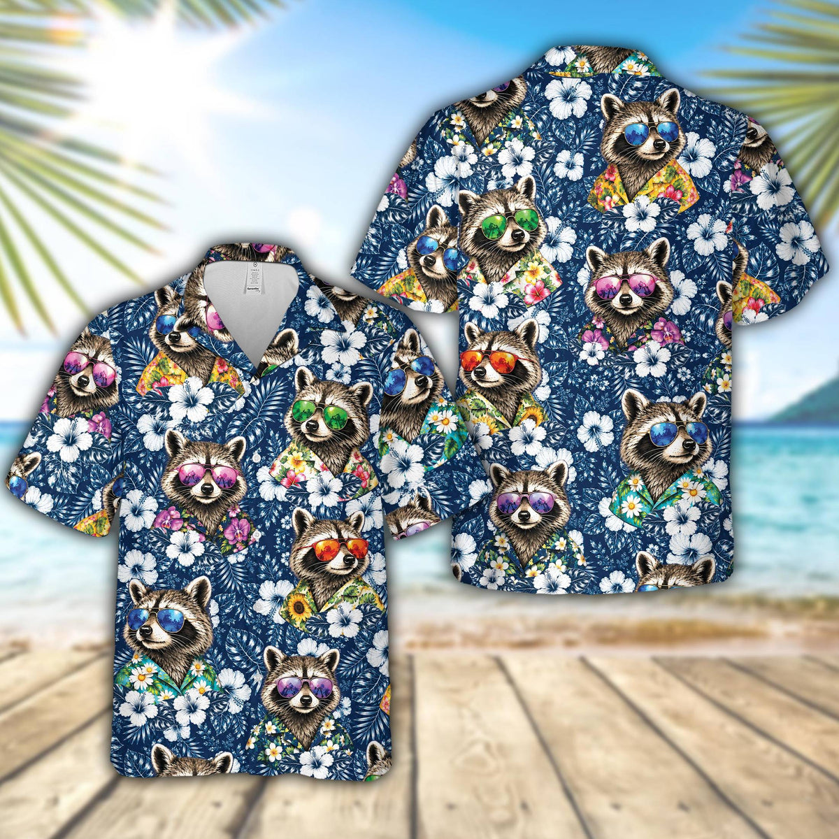 Front view of the navy raccoon hawaiian shirt for matching family outfits