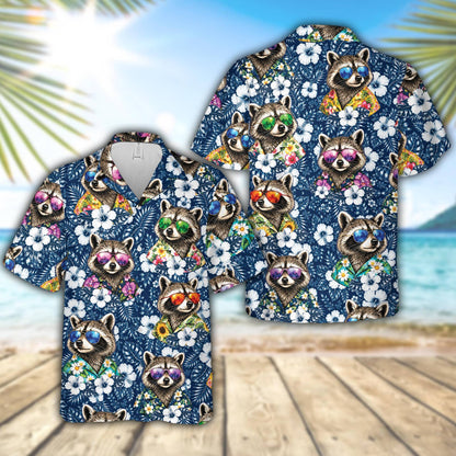 Front view of the navy raccoon hawaiian shirt for matching family outfits