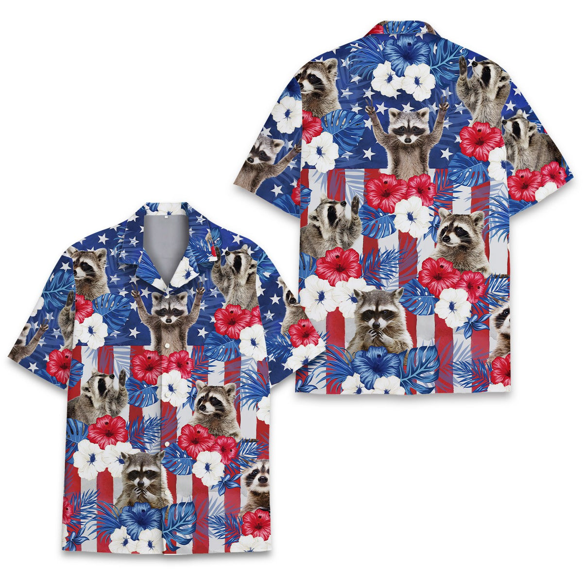 Front view of the matching family hawaiian shirt with patriotic raccoon design.