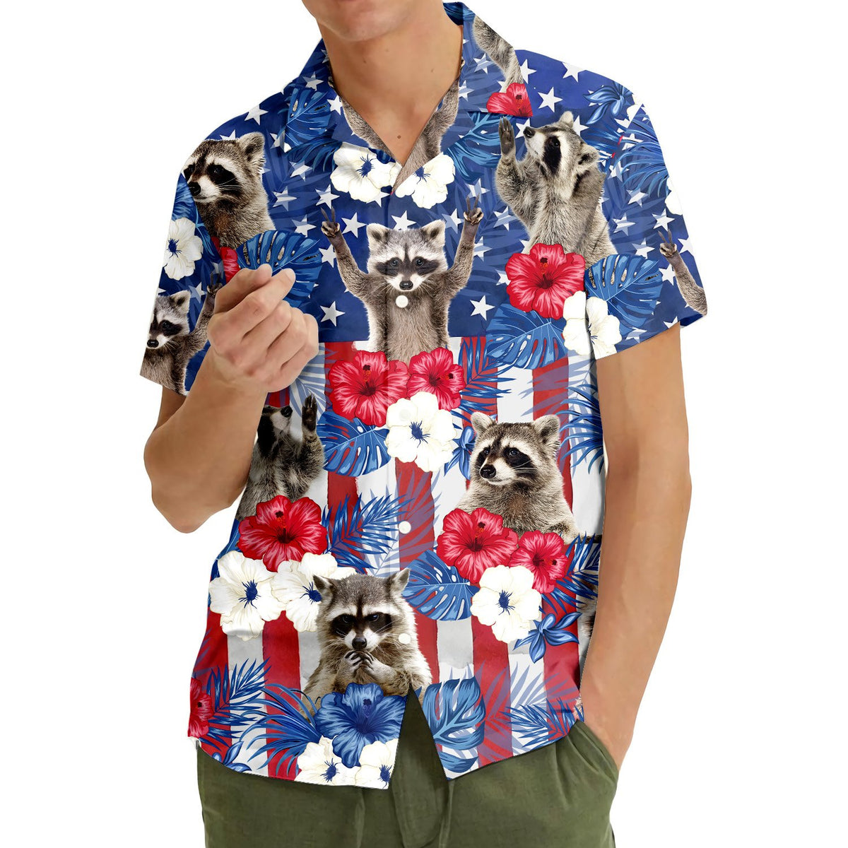 Another lifestyle view showing the vibrant print of the family hawaiian shirts.