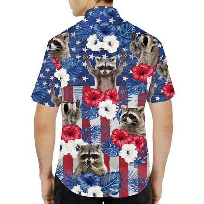 Close-up lifestyle view of the patriotic raccoon hawaiian shirt pattern.