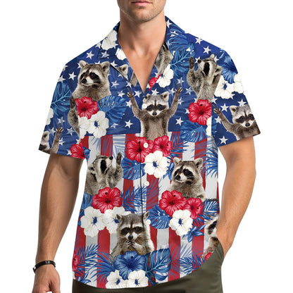 Lifestyle view of a person wearing the raccoon usa hawaiian shirt outdoors.