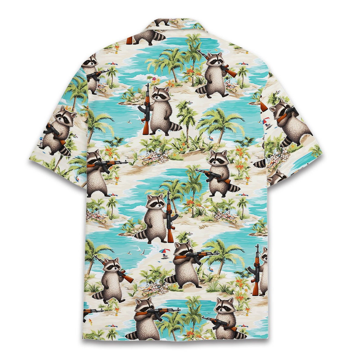 Back view of the blue raccoon hawaiian shirt showing the continuous beach design