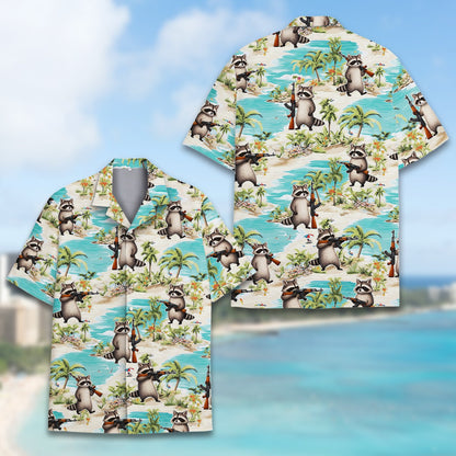 Detailed front view of the matching family hawaiian shirt with raccoon print