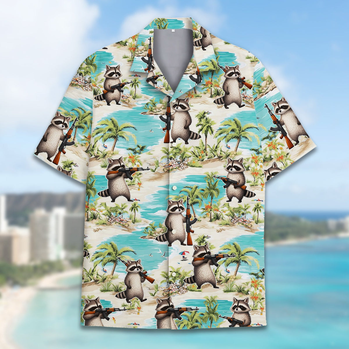 Close-up front angle of the tropical raccoon weapon hawaiian shirt