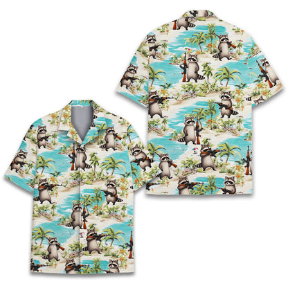 Front view of the raccoon weapon hawaiian shirt featuring palm trees and sand
