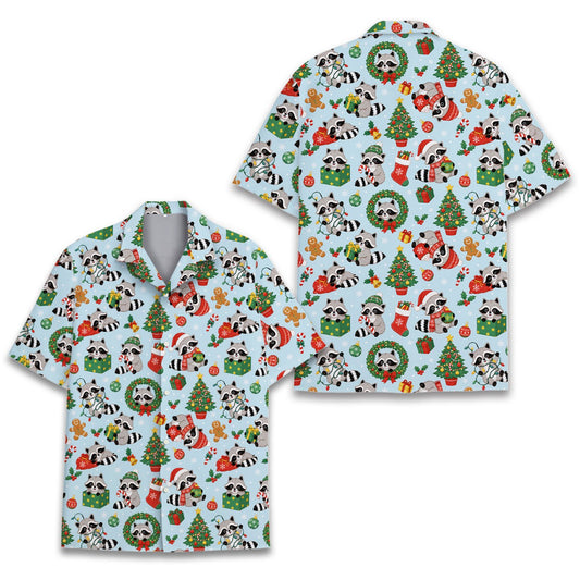 Raccoons and christmas hawaiian shirt in light blue, main view