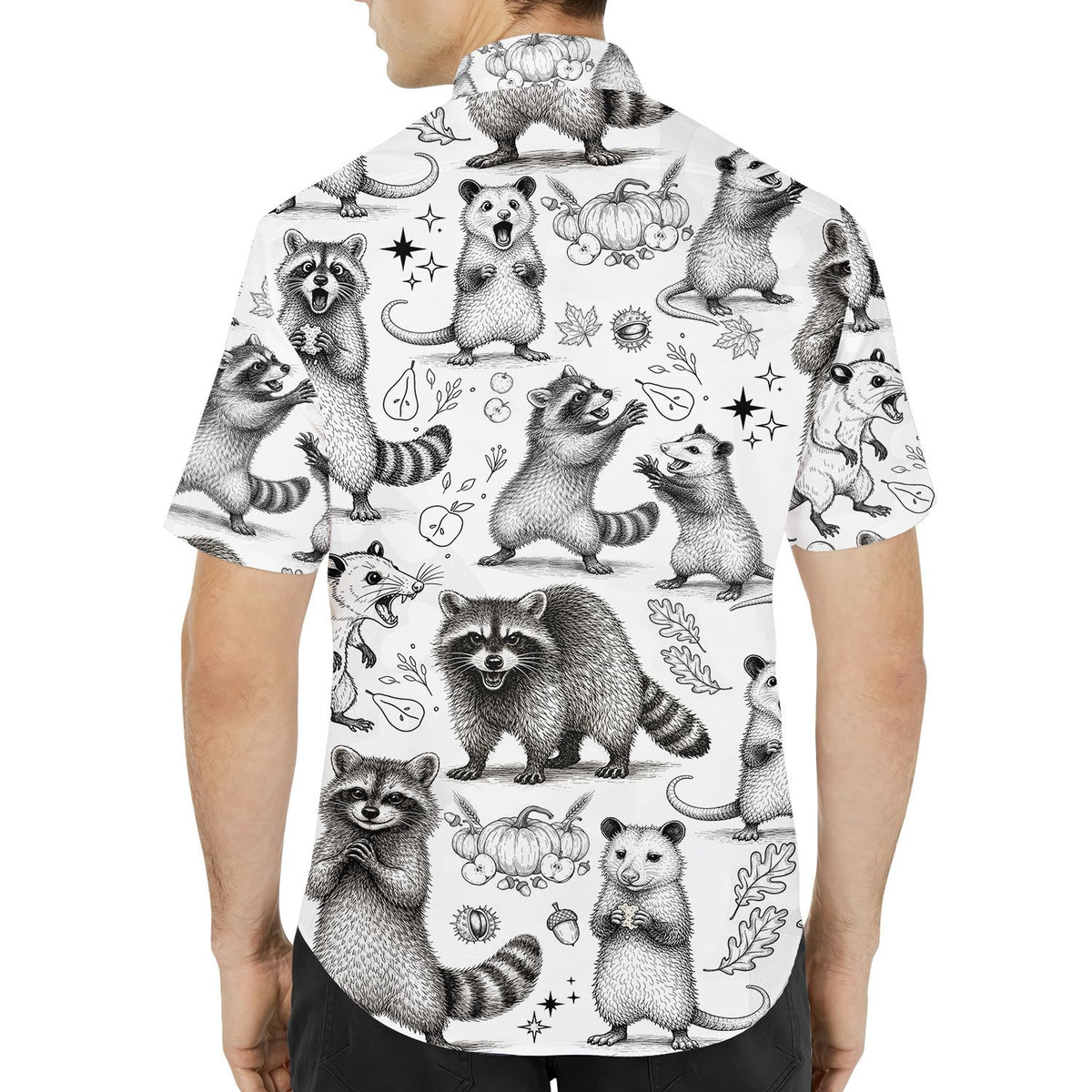 Back view of the raccoons and opossums matching family hawaiian shirt