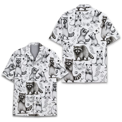 Front detail view of the white raccoons and opossums hawaiian shirt