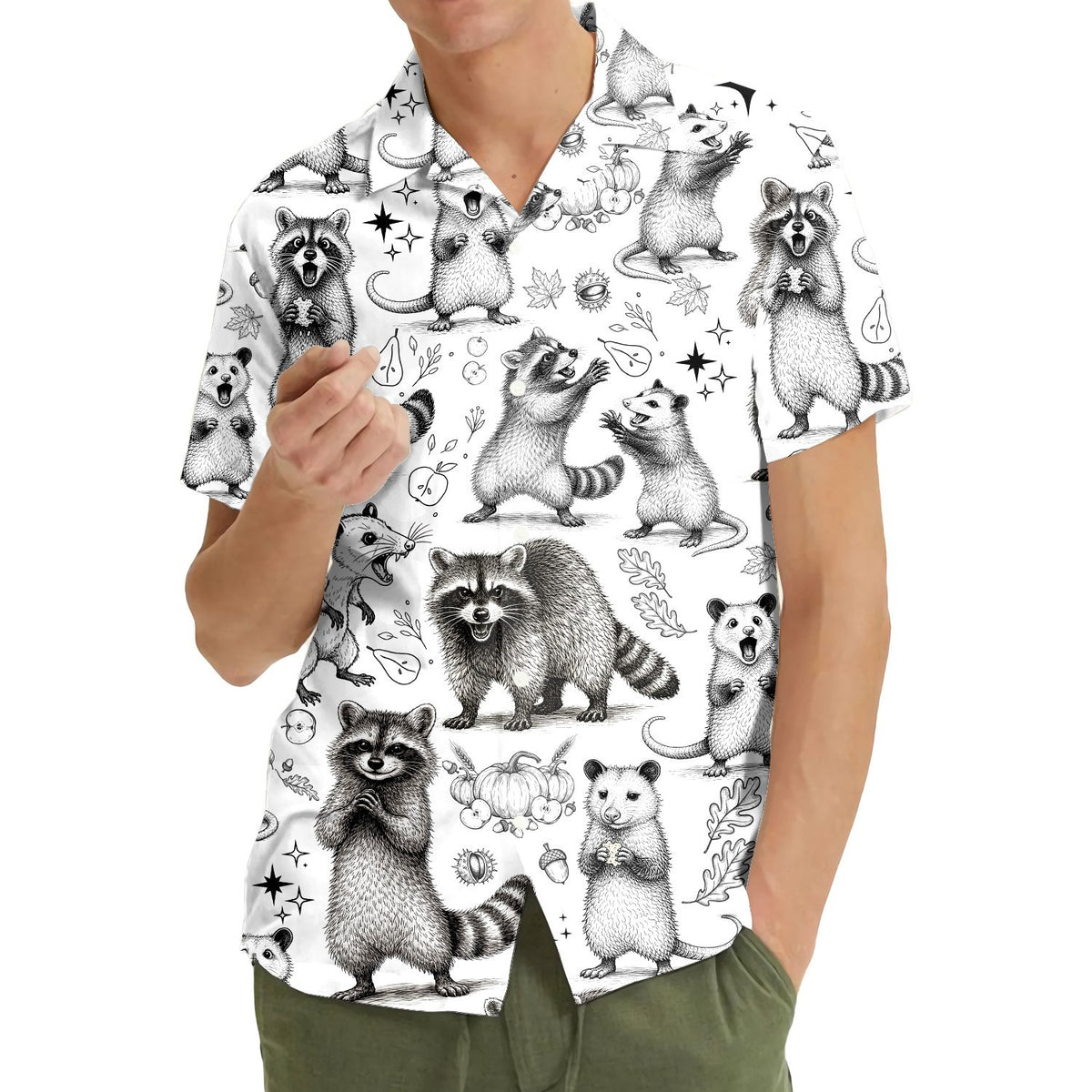 Lifestyle view of someone wearing the raccoons and opossums hawaiian shirt