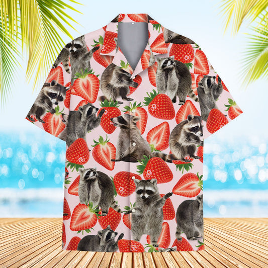 Main view of the raccoons and strawberries hawaiian shirt featuring a pink background