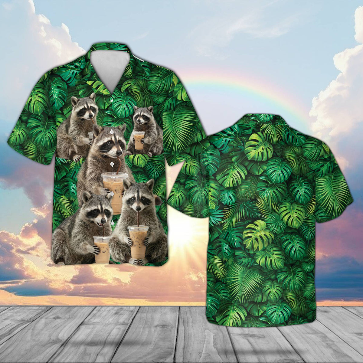 Green button-down hawaiian shirt with raccoon and iced coffee pattern, front view