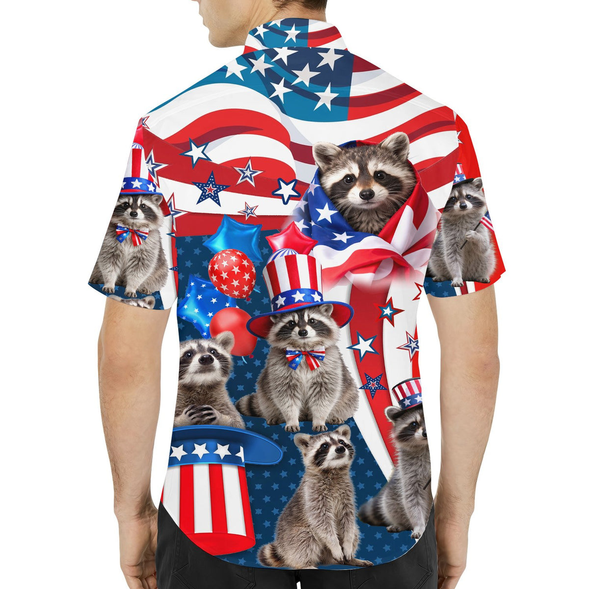 Back view of the patriotic raccoons hawaiian shirt