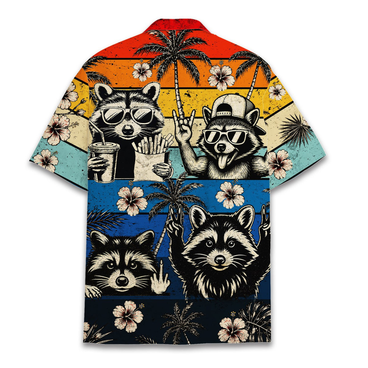 Back view of the retro sunset raccoons hawaiian shirt