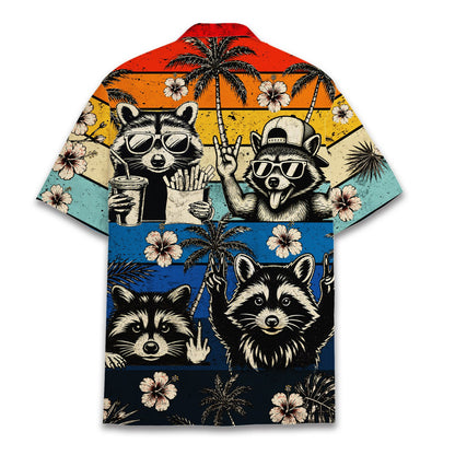 Back view of the retro sunset raccoons hawaiian shirt