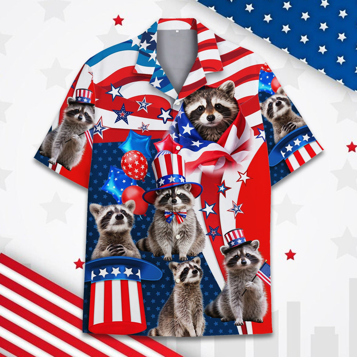 Another front view of the patriotic raccoon family hawaiian shirt