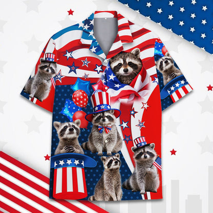 Another front view of the patriotic raccoon family hawaiian shirt