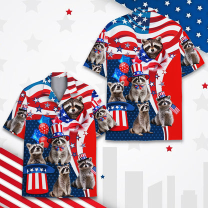 Close up front view of the raccoon Uncle Sam hat design on the shirt