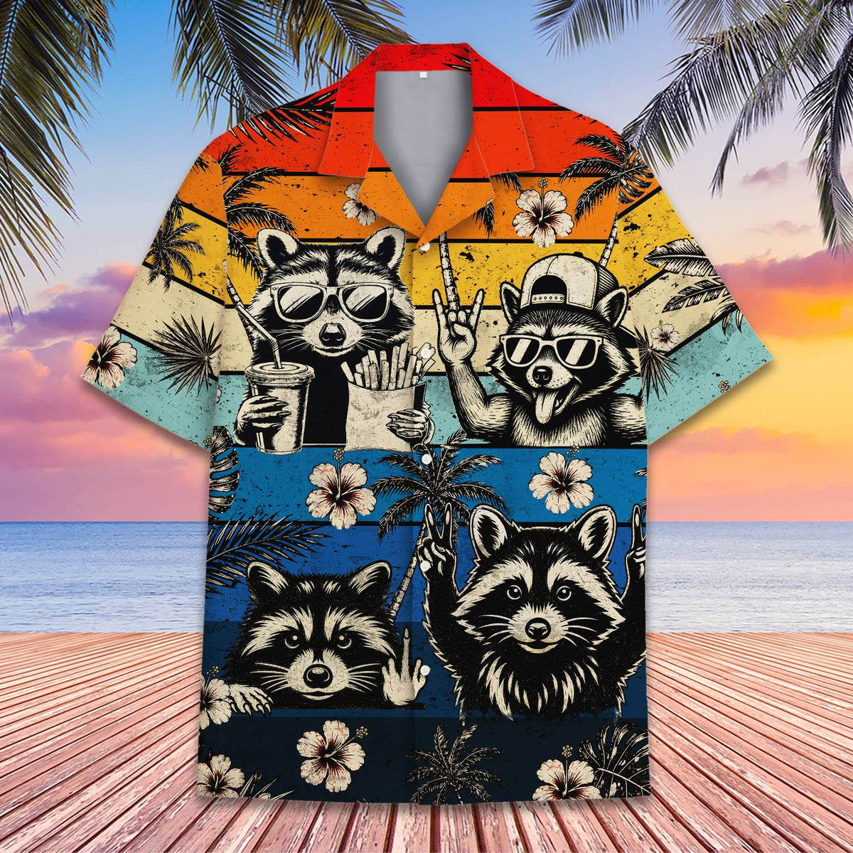 Detailed front view of the raccoons hawaiian shirt