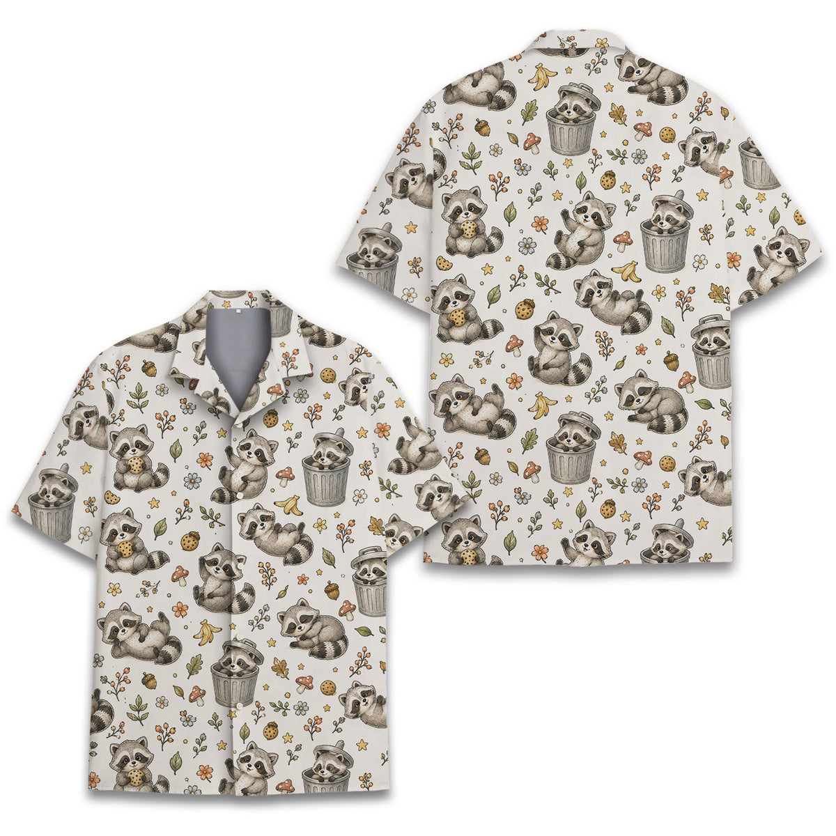 Close-up front view of the cute raccoon pattern hawaiian shirt