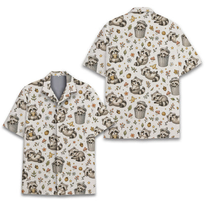 Close-up front view of the cute raccoon pattern hawaiian shirt