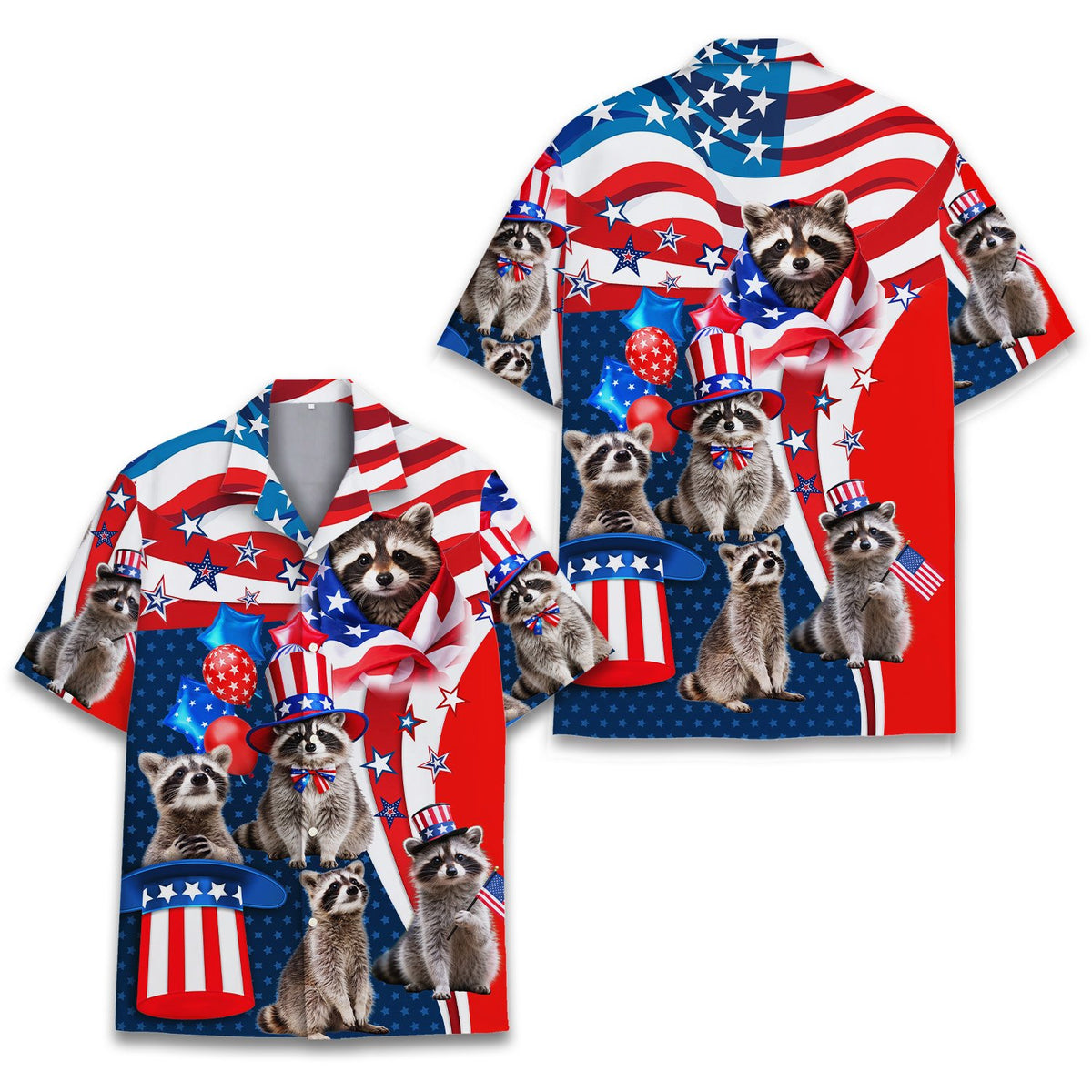 Detailed front view of the holiday hawaiian shirt with red and white stripes
