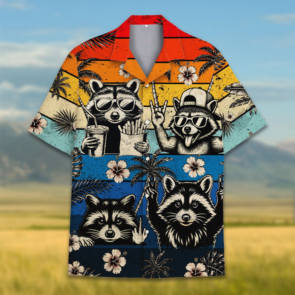 Close-up front view of the sunset colors and raccoon design