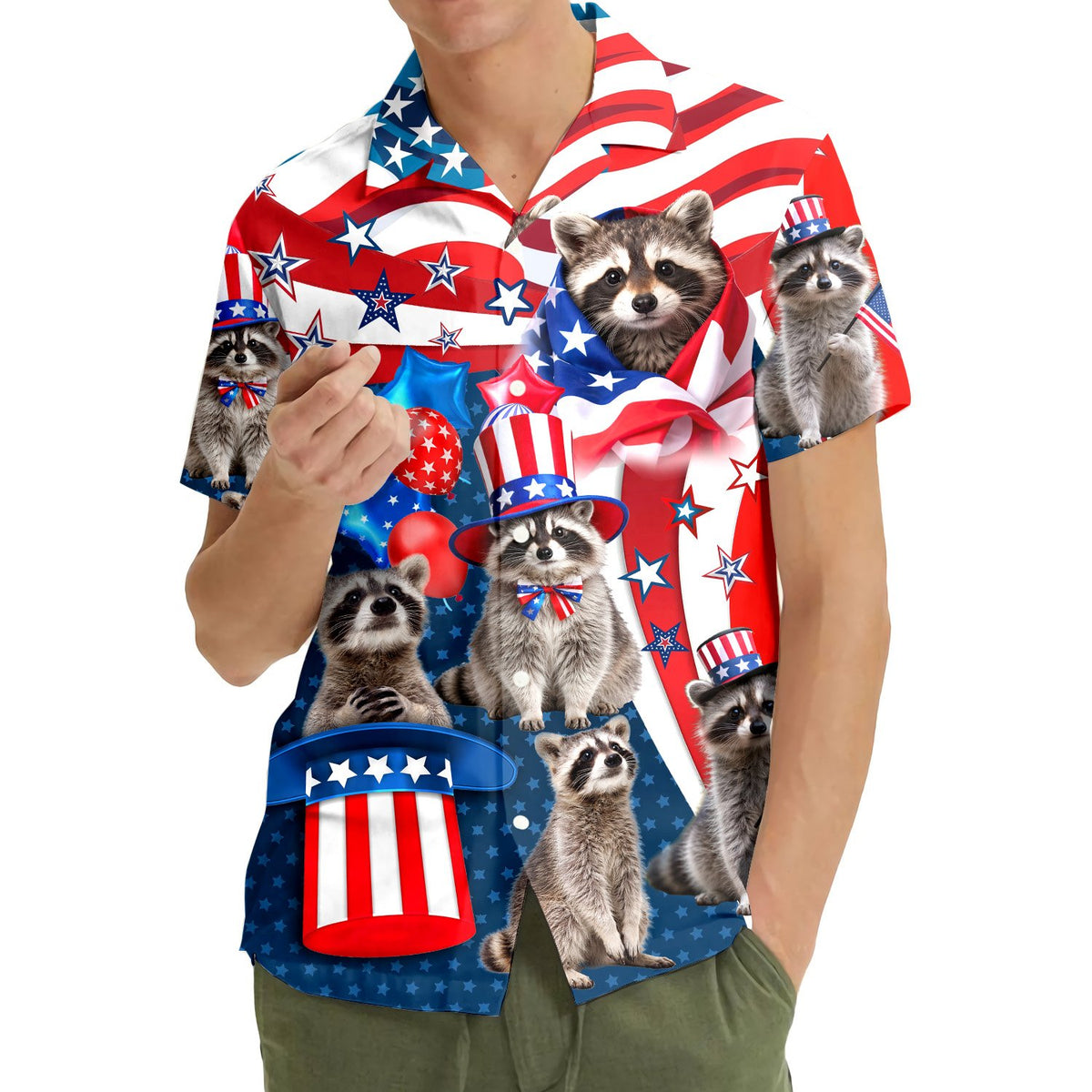 Front view of the Fourth of July raccoon hawaiian shirt on a white background