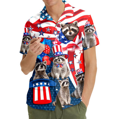 Front view of the Fourth of July raccoon hawaiian shirt on a white background