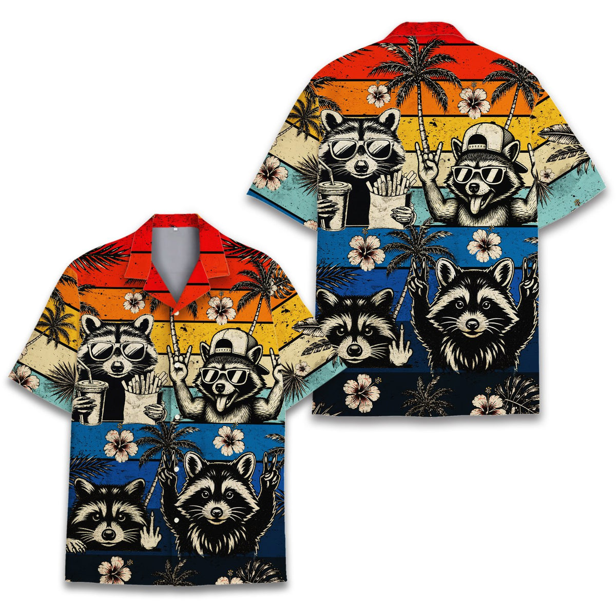 Front view of the raccoons hawaiian shirt with horizontal stripes