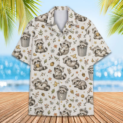 Front view of the white raccoons hawaiian shirt