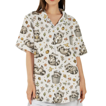 Third lifestyle view showcasing the white raccoons hawaiian shirt