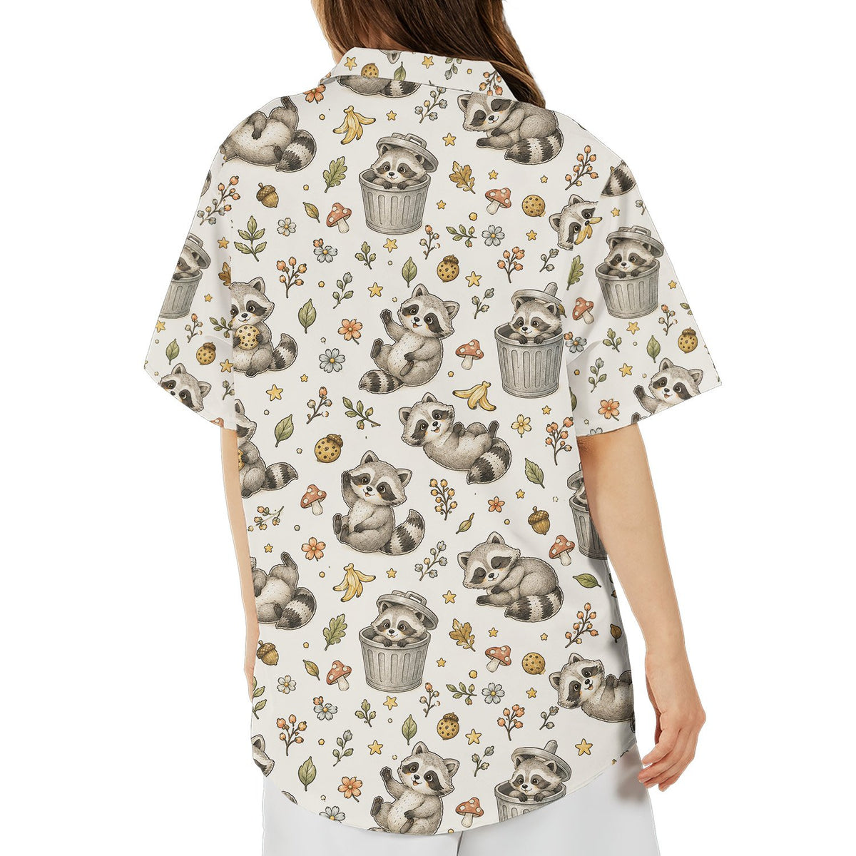 Fourth lifestyle view of the raccoon pattern shirts in action