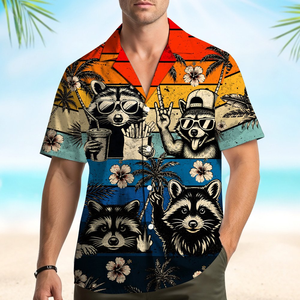 Lifestyle view of a person wearing the raccoons hawaiian shirt