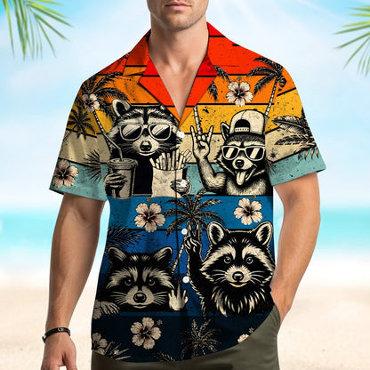 Lifestyle view of a person wearing the raccoons hawaiian shirt