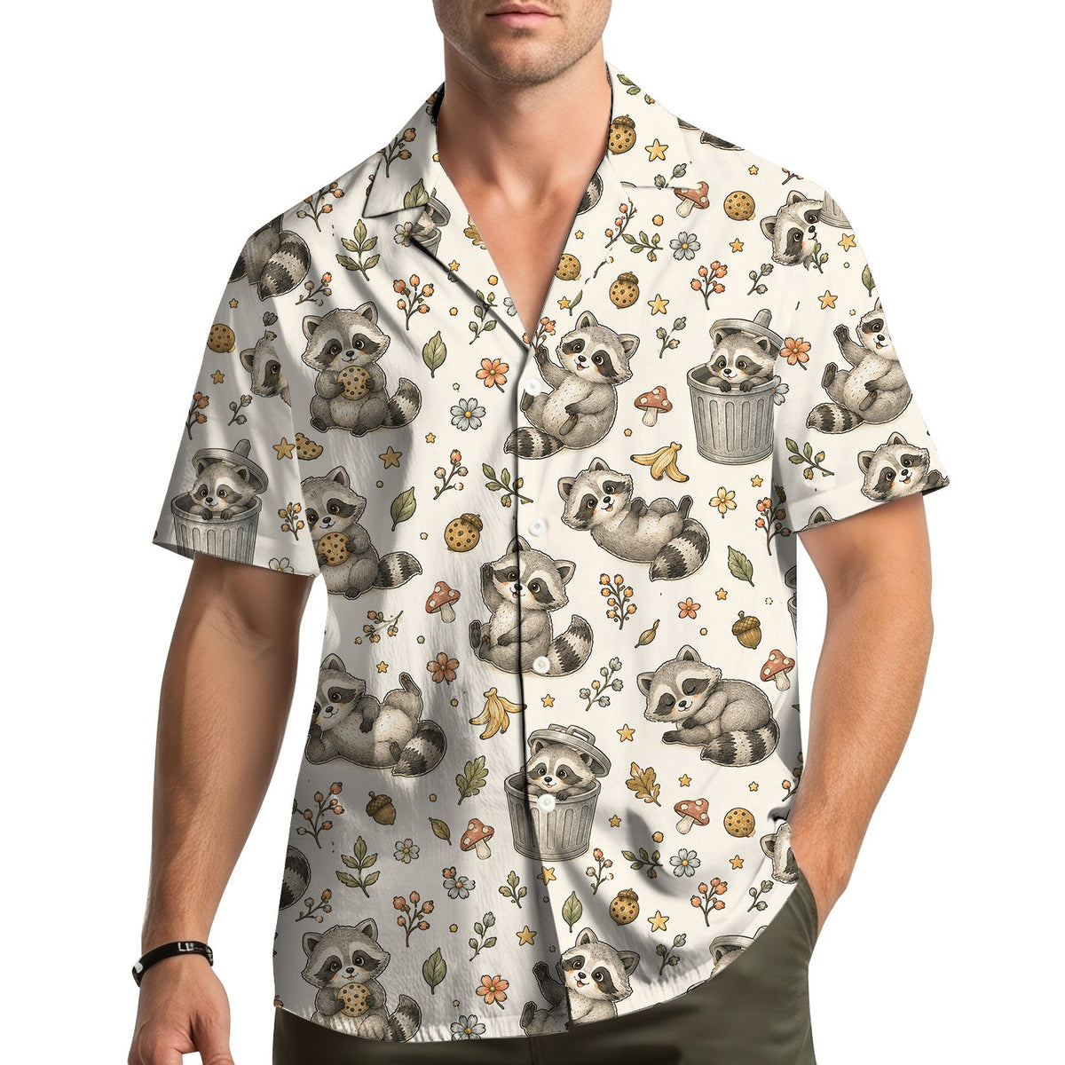 Lifestyle view of the family wearing matching raccoons hawaiian shirts
