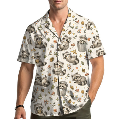 Lifestyle view of the family wearing matching raccoons hawaiian shirts