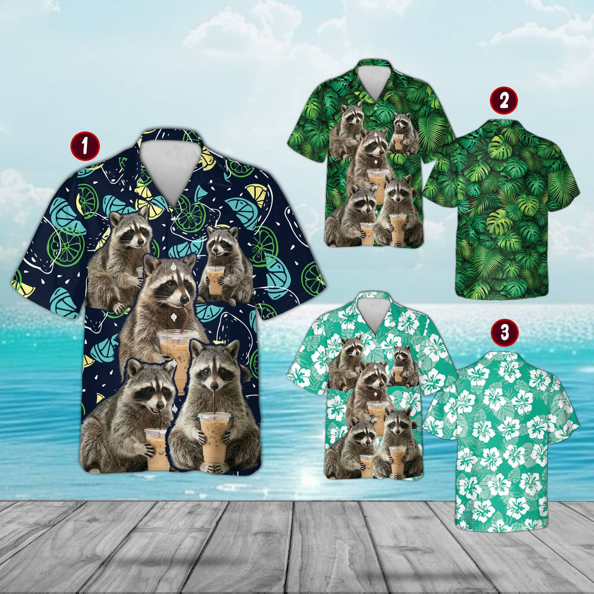 Multicolor matching family hawaiian shirts featuring a fun raccoon design, assorted views