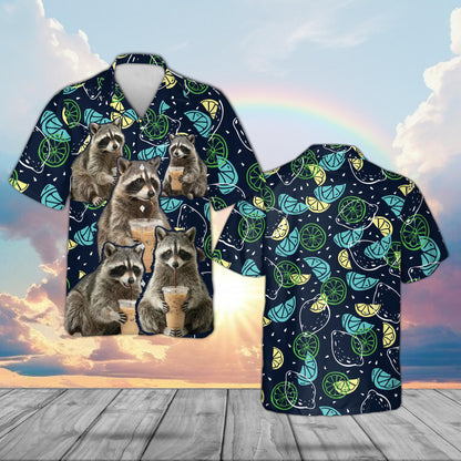 Navy raccoons hawaiian shirt featuring raccoons drinking iced coffee, front view